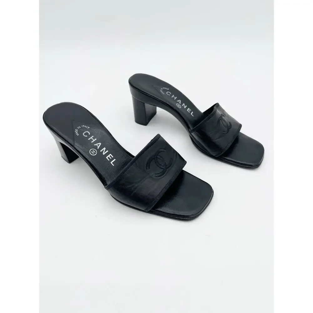 Chanel Vintage Black Leather CC Logo Classic Mule Heeled Sandals Square Toe US 6
